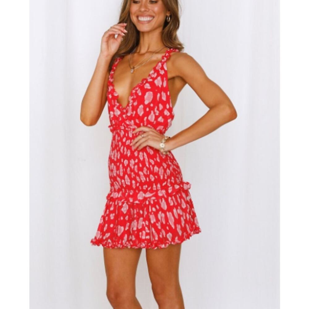 Hello Molly On The Ground red pink printed v-neck mini dress ruffle small 4 NWT - Picture 2 of 8